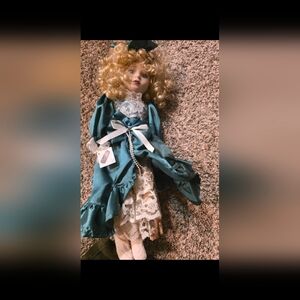 Elegant Teal Doll with Lace Dress Vintage New With Tags Victorian Pansies Collec
